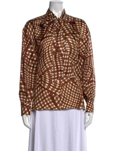Pre-owned Tory Burch Silk Plaid Print Blouse W/ Tags In Brown