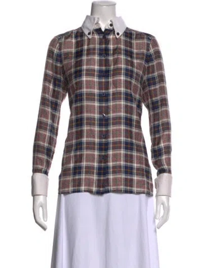 Pre-owned Tory Burch Silk Plaid Print Button-up Top In Blue