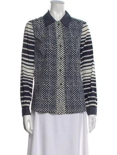 Pre-owned Tory Burch Silk Polka Dot Print Button-up Top In Blue