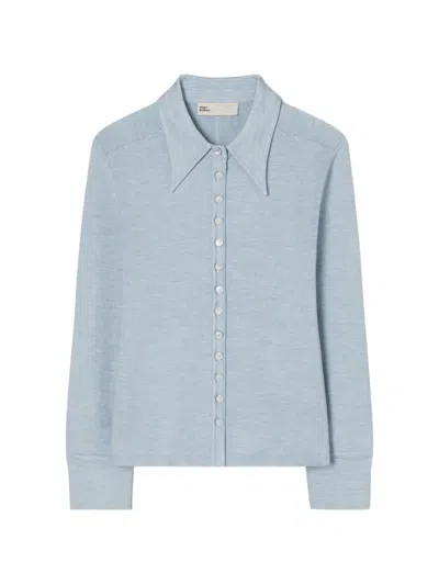 Tory Burch Silk Polo Cardigan In Blue