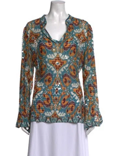 Pre-owned Tory Burch Silk Printed Blouse In Blue