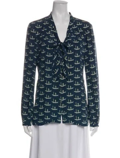 Pre-owned Tory Burch Silk Printed Blouse In Blue