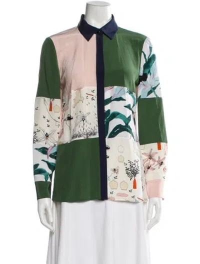 Pre-owned Tory Burch Silk Printed Blouse In Green