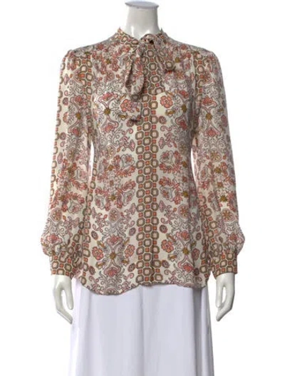 Pre-owned Tory Burch Silk Printed Blouse In White