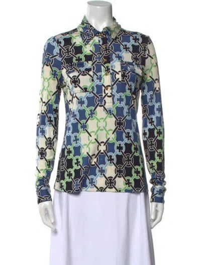 Pre-owned Tory Burch Silk Printed Button-up Top In Blue