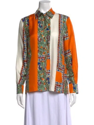Pre-owned Tory Burch Silk Printed Button-up Top In Orange