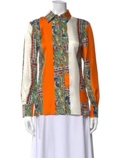 Pre-owned Tory Burch Silk Printed Button-up Top In Orange