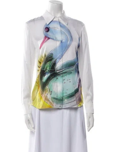 Pre-owned Tory Burch Silk Printed Button-up Top In White