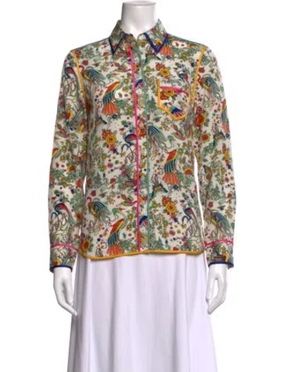 Pre-owned Tory Burch Silk Printed Button-up Top In White