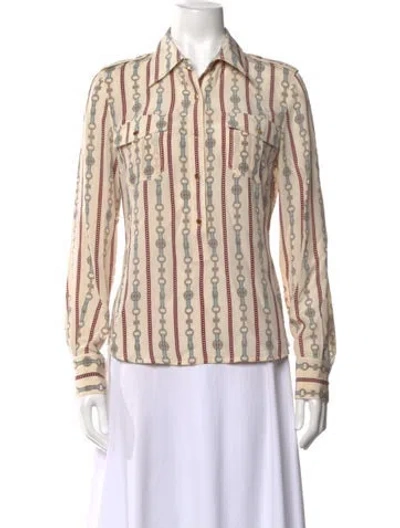 Pre-owned Tory Burch Silk Printed Button-up Top In White