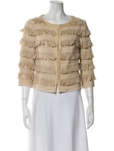 Pre-owned Tory Burch Silk Printed Faux Fur Jacket In Neutral