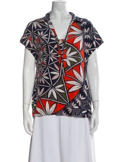 Pre-owned Tory Burch Silk Printed Polo In Blue