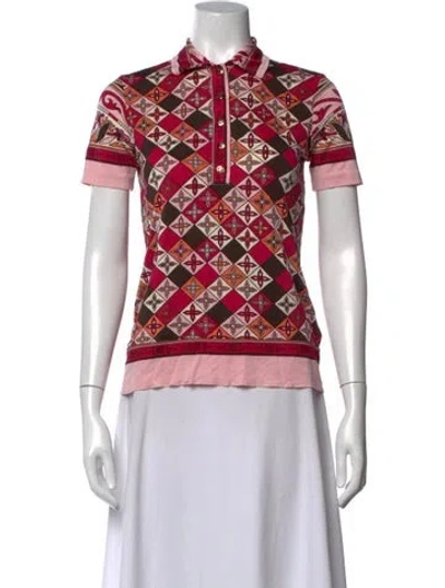 Pre-owned Tory Burch Silk Printed Polo In Pink