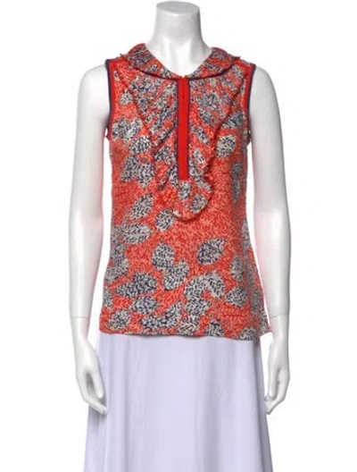 Pre-owned Tory Burch Silk Printed Polo In Red