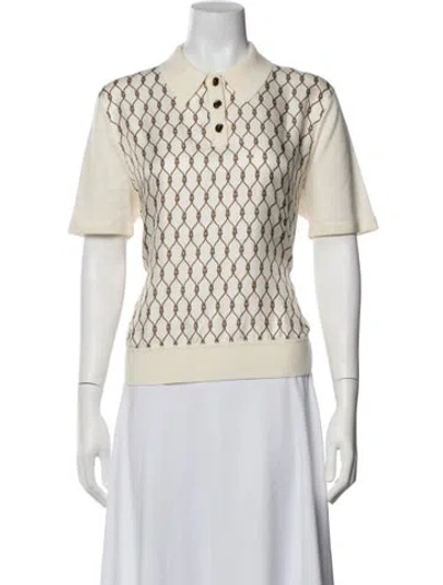 Pre-owned Tory Burch Silk Printed Polo In White