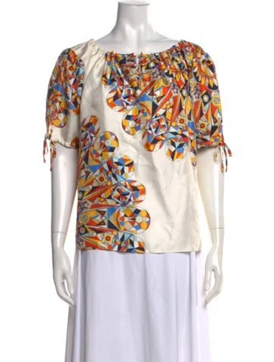 Pre-owned Tory Burch Silk Printed Top In White