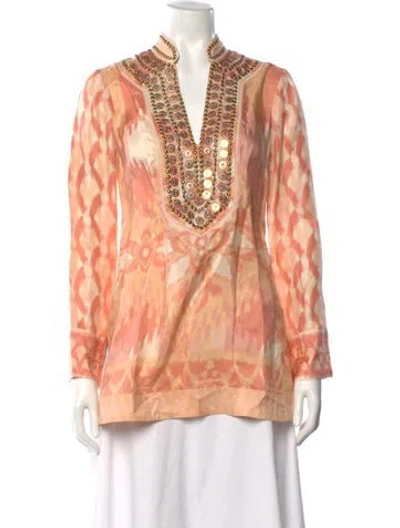 Pre-owned Tory Burch Silk Printed Tunic In Neutrals/orange/pink