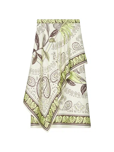 Tory Burch Printed Silk Midi Skirt In Gray