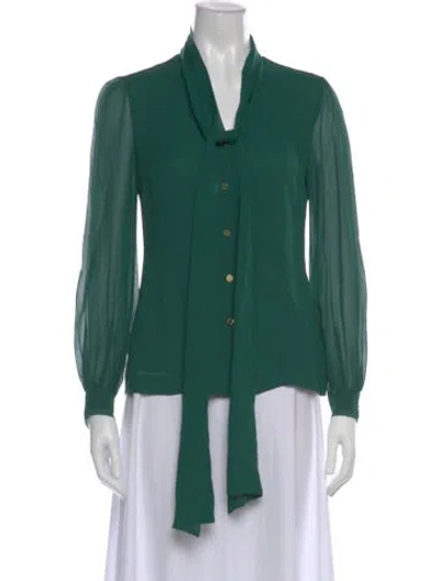 Pre-owned Tory Burch Silk Tie Neck Blouse In Green