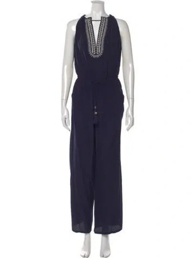Pre-owned Tory Burch Silk V-neck Jumpsuit In Blue