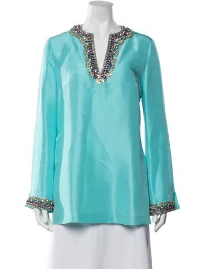 Pre-owned Tory Burch Silk V-neck Tunic In Blue