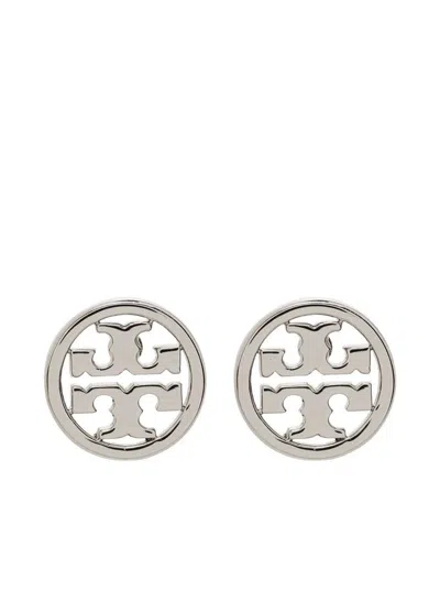 Tory Burch Silver Brass Earrings With Logo In Grey