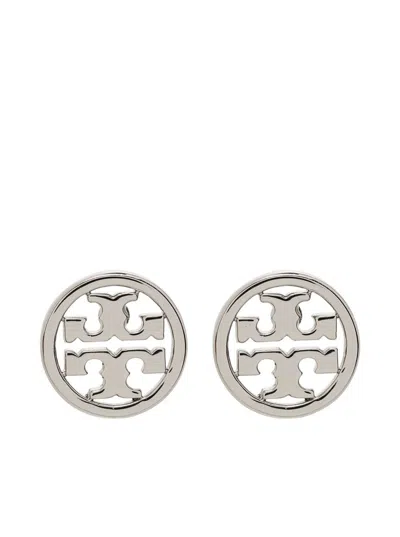 Tory Burch Silver Brass Earrings With Logo In Grey