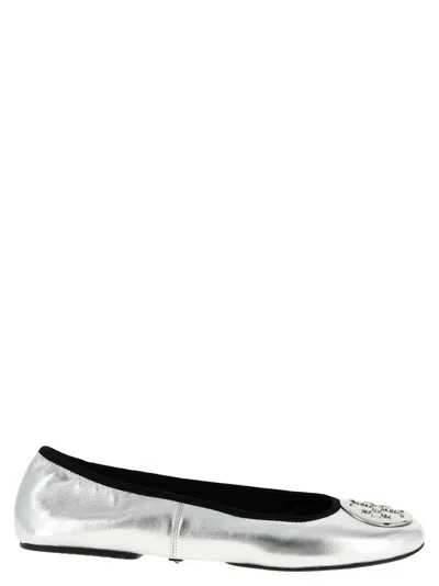 Tory Burch Silver Colored Ballerinas With Logo Plaque On The Front And Elasticated Design In Leather Woman
