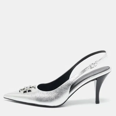 Pre-owned Tory Burch Silver Leather Eleanor Slingback Pumps Size 39