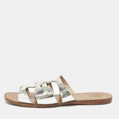 Pre-owned Tory Burch Silver Leather Flat Sandals Size 37