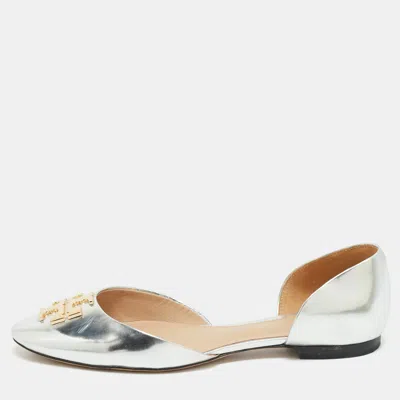 Pre-owned Tory Burch Silver Leather Raleigh Flats Size 38.5