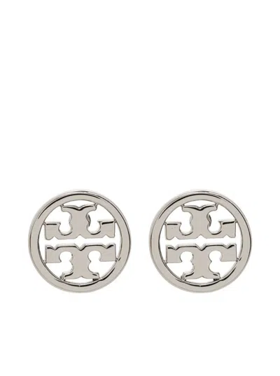 Tory Burch Silver Brass Earrings With Logo In Grey