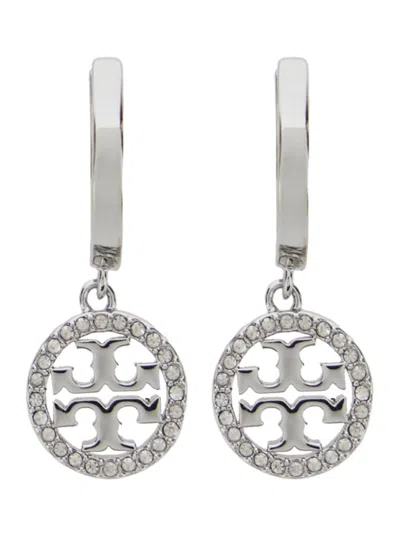TORY BURCH SILVER LOGO HOOP EARRINGS
