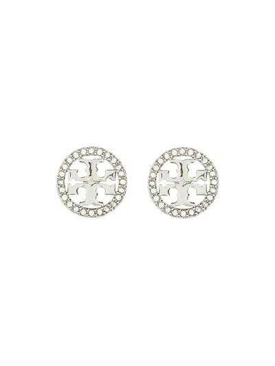 Tory Burch Silver Tone Crystal Stud Earrings In Metallic
