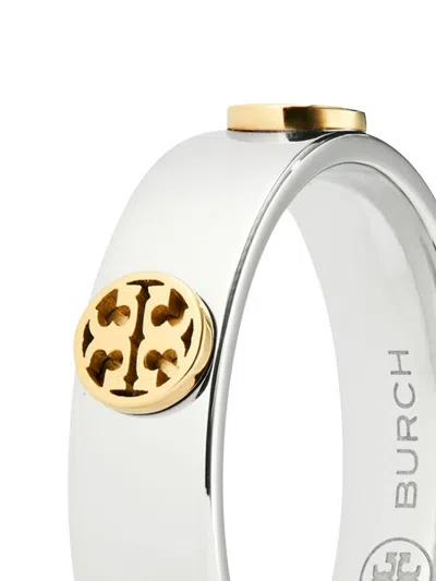 Tory Burch Silver Tone Steel Engraved Logo Ring In Metallic