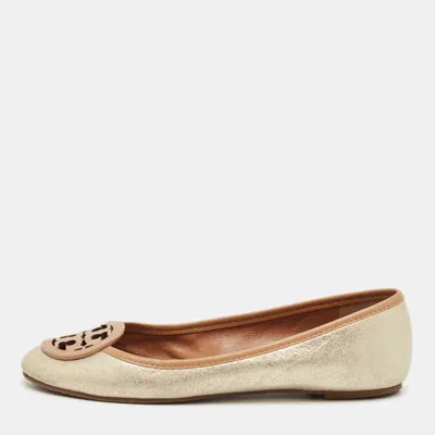 Pre-owned Tory Burch Silver/brown Leather Louisa Ballet Flats Size 36