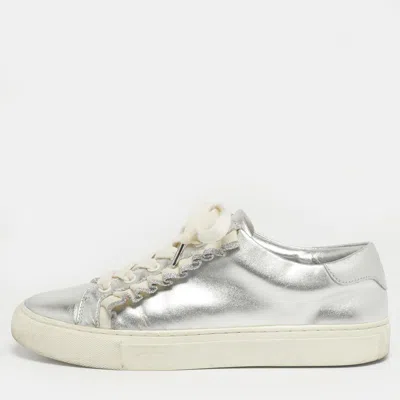 Pre-owned Tory Burch Silver/white Leather Tory Sport Ruffle Low Top Sneakers Size 37