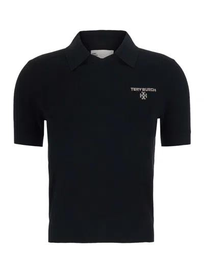 Tory Burch Simone Wool Polo With Long Sleeves And V-neck In Black