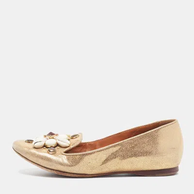 Pre-owned Tory Burch Size 35 Gold Texture Suede Embellishment Smoking Slippers