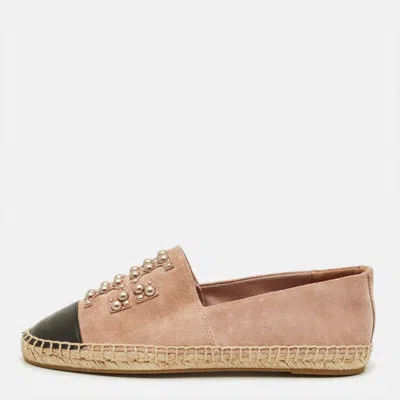 Pre-owned Tory Burch Size 35 Pink/black Leather And Suede Pearl Logo Slip On Espadrille Flats