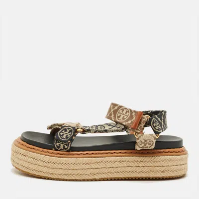 Pre-owned Tory Burch Size 35 Tricolor Monogram Canvas Espadrille Ankle Strap Flat Sandals