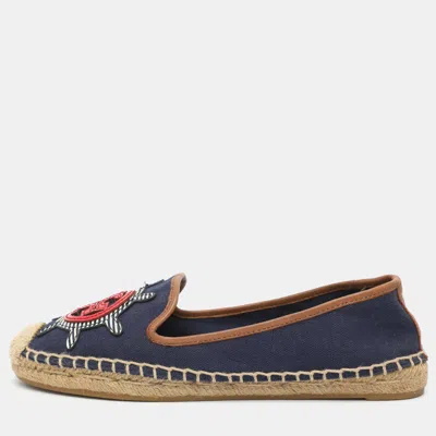 Pre-owned Tory Burch Size 35.5 Navy Blue Canvas And Leather Espadrilles Flats