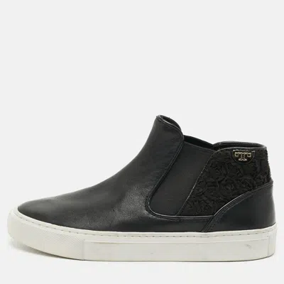 Pre-owned Tory Burch Size 36 Black Floral Fabric And Leather Ankle Length Boots