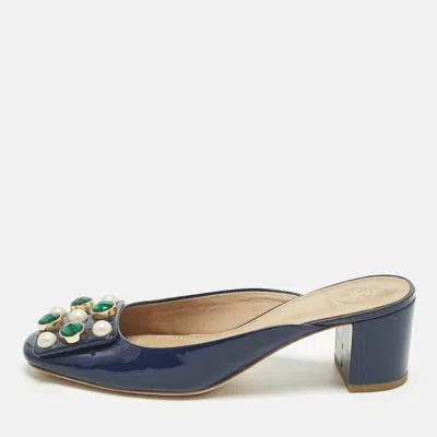 Pre-owned Tory Burch Size 36 Navy Blue Patent Leather Crystal Embellished Mules