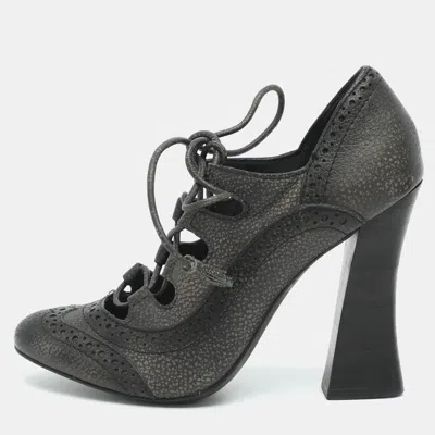 Pre-owned Tory Burch Size 36.5 Black Brogue Textured Leather Lace Up Pumps