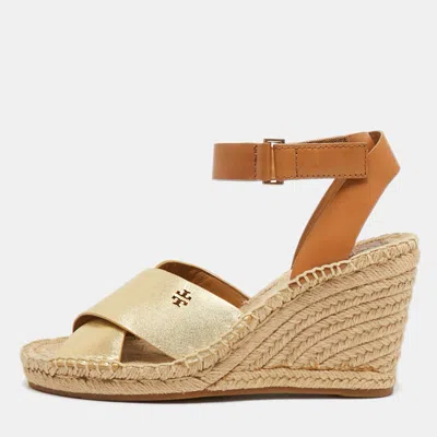 Pre-owned Tory Burch Size 36.5 Gold/brown Leather Ankle Strap Wedge Sandals