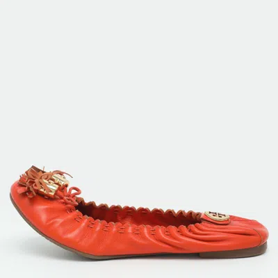 Pre-owned Tory Burch Size 36.5 Orange Leather Tassel Scrunch Ballet Flats