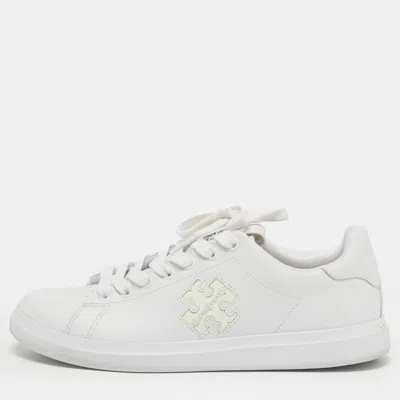 Pre-owned Tory Burch Size 36.5 White Leather Double T Howell Court Lace Up Sneakers