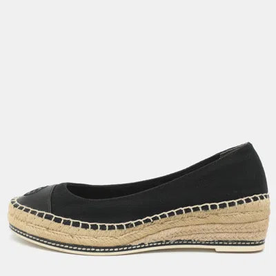 Pre-owned Tory Burch Size 37 Black Canvas And Leather Espadrille Platform Wedge Pumps