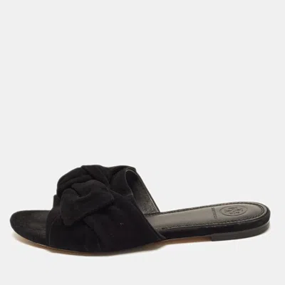 Pre-owned Tory Burch Size 37 Black Suede Bow Knot Flat Slide
